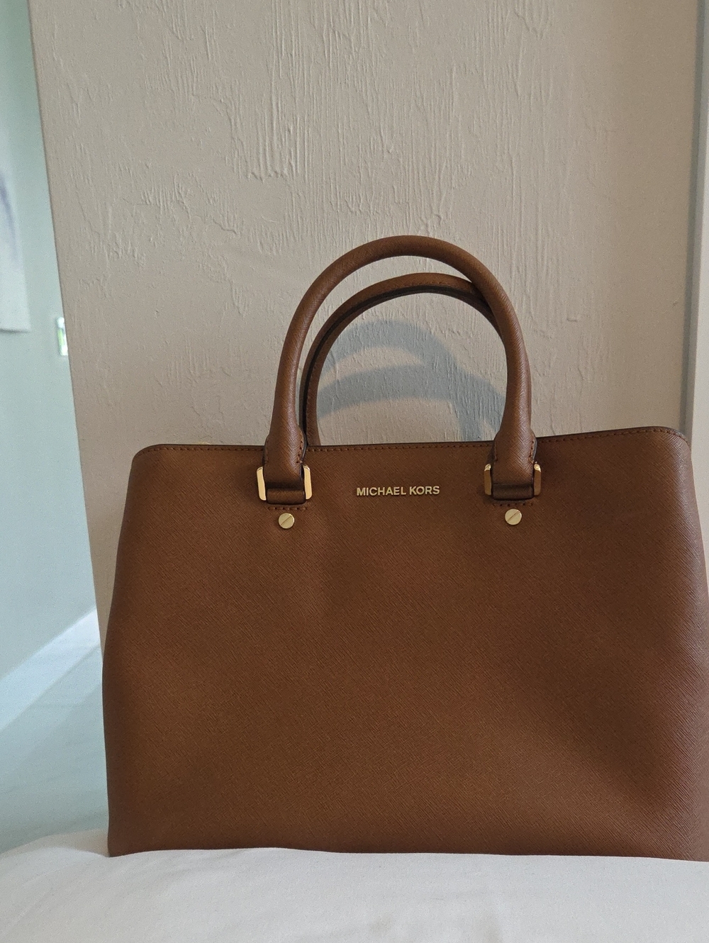 Michael Kors Cognac Saffiano Leather Satchel with Gold Hardware